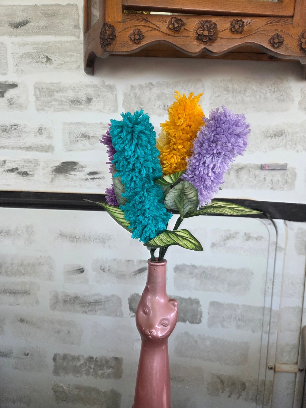 Decorative Pink Collectable Wine Bottle Cat Vase with 4 Colorful Faux Flowers - Picture 2 of 3
